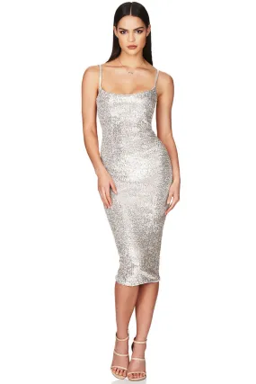 Sparkly Sequin Scoop Neck Spaghetti Strap Cocktail Party Midi Dress - Silver