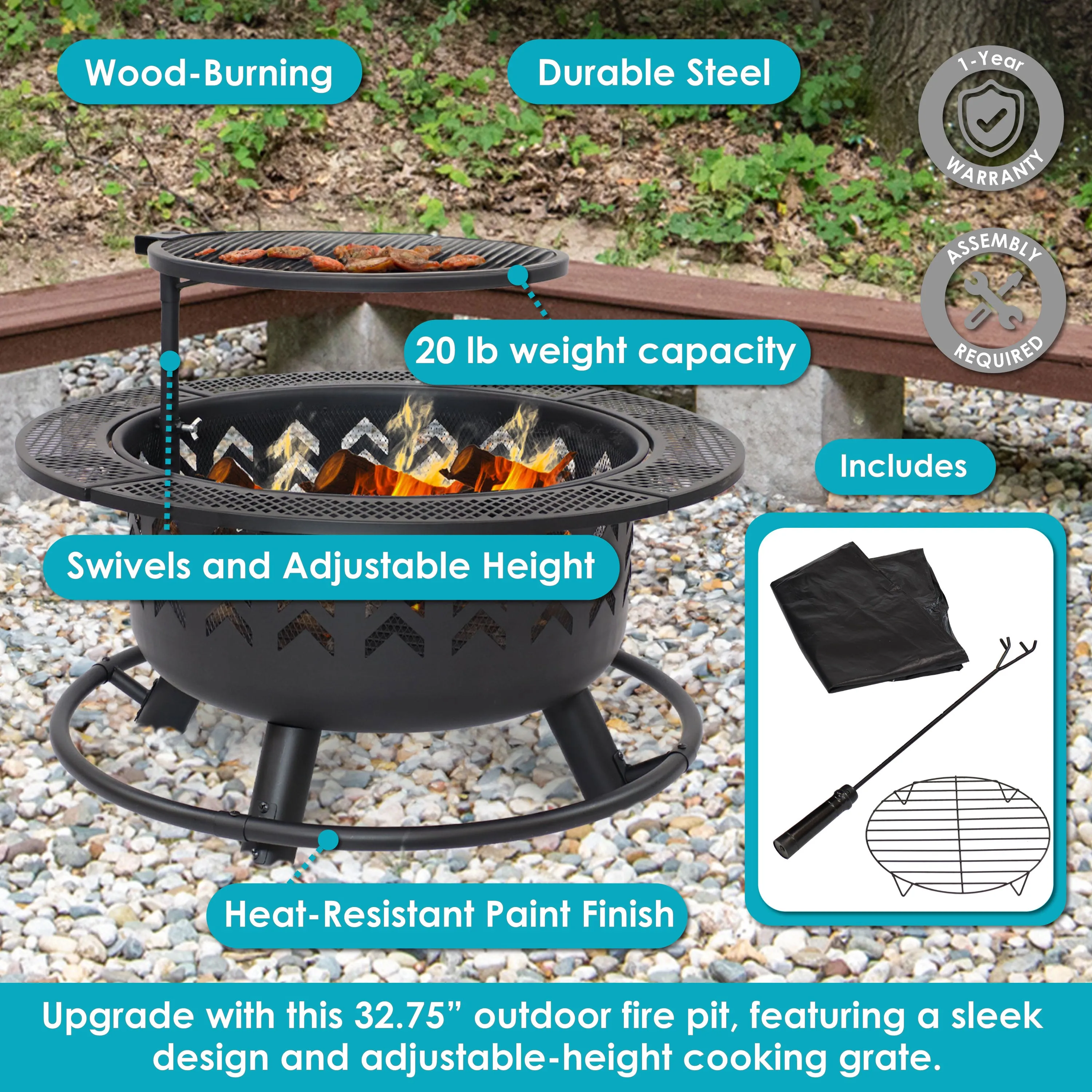 Sunnydaze Arrow Motif Wood-Burning Fire Pit with Grill - 32.75"