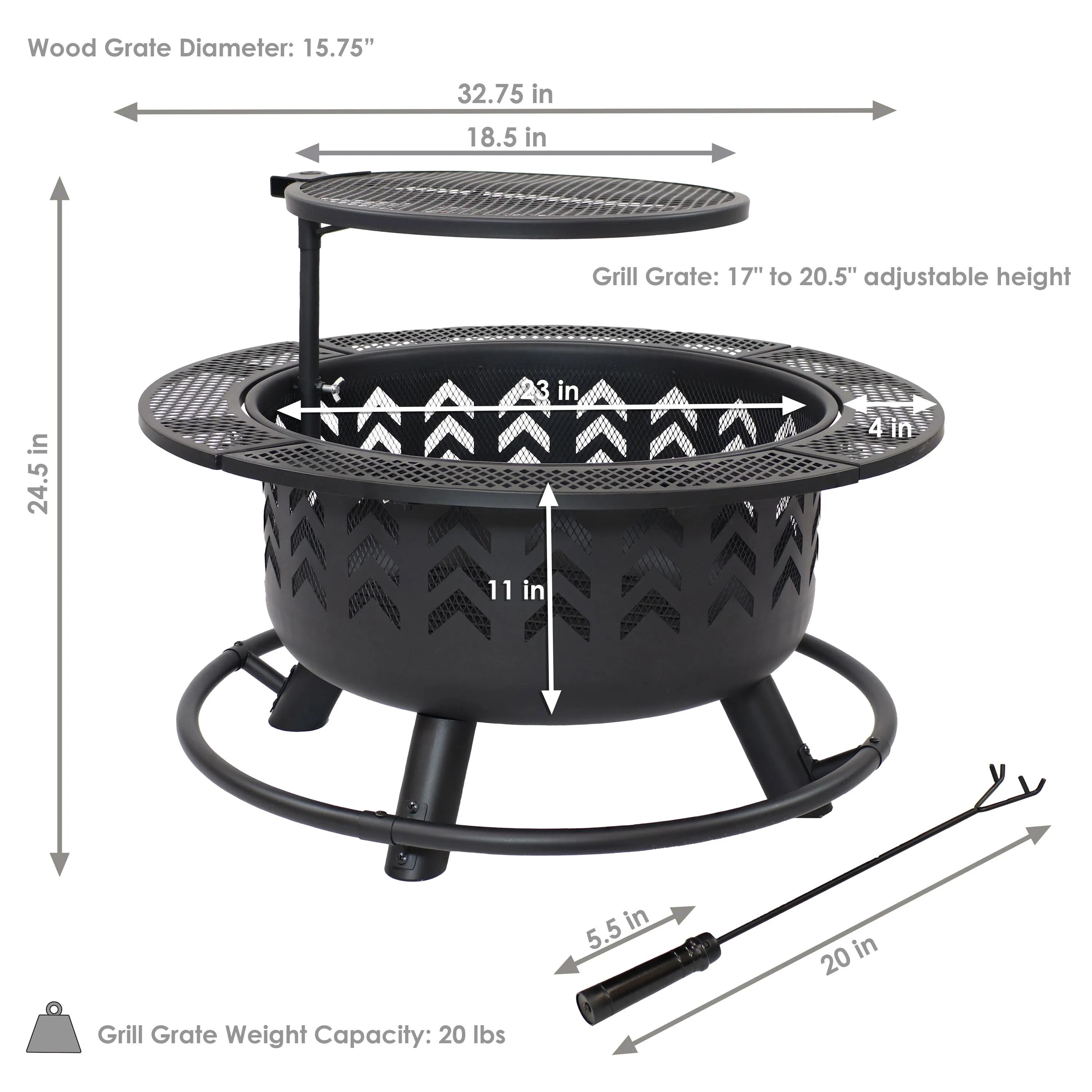 Sunnydaze Arrow Motif Wood-Burning Fire Pit with Grill - 32.75"