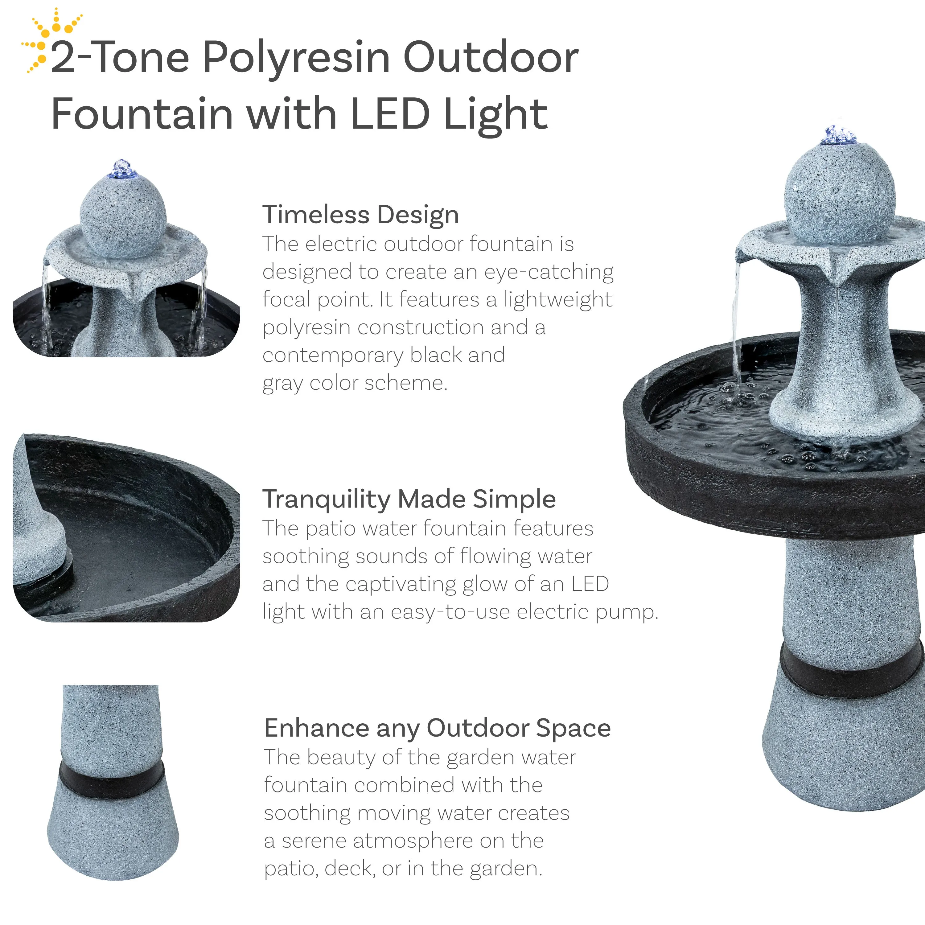 Sunnydaze Contemporary 2-Tone Outdoor Water Fountain with Light - 29.5"