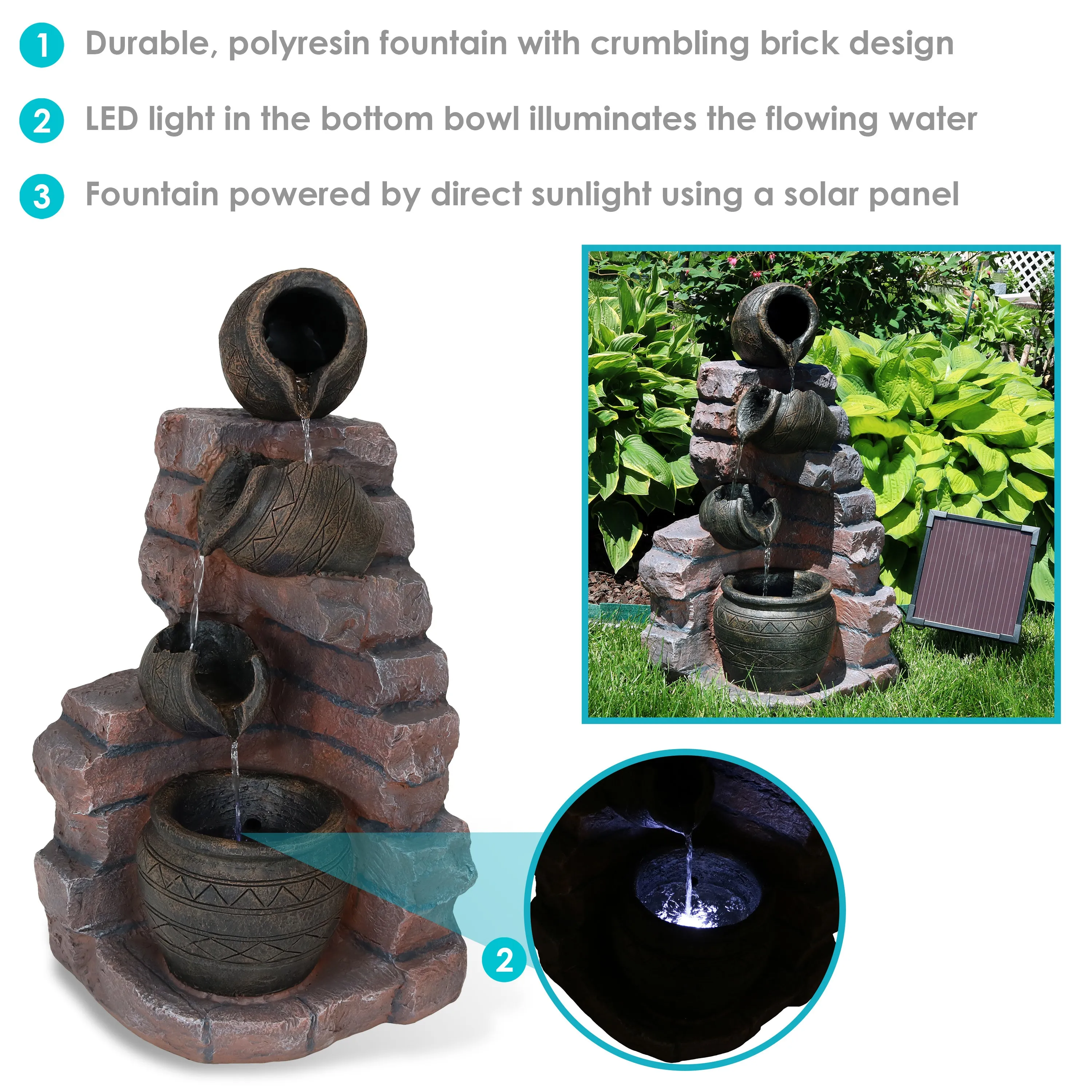 Sunnydaze Crumbling Bricks and Pots Solar Fountain with Battery Backup - 27"