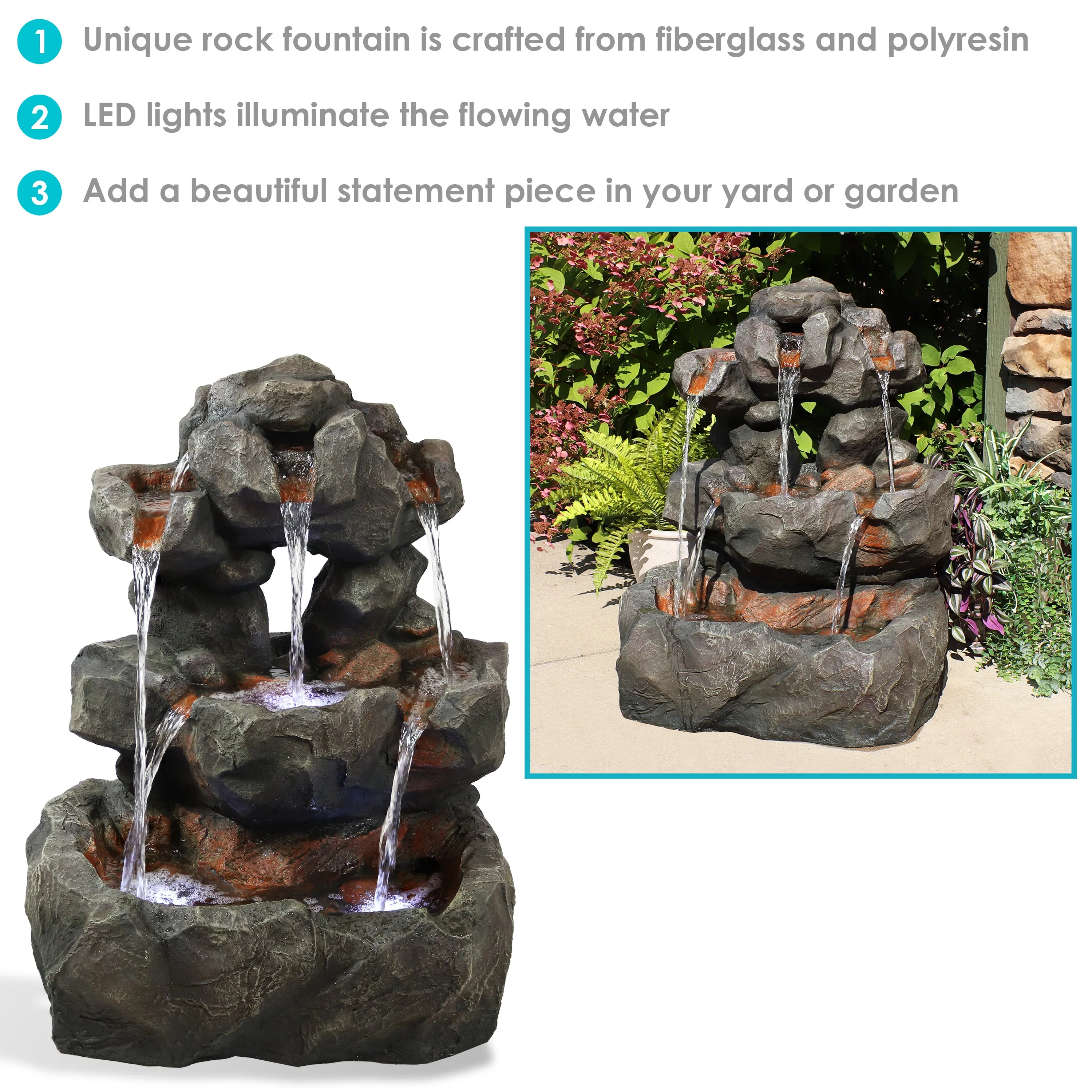 Sunnydaze Layered Rock Waterfall Outdoor Fountain with LED Lights - 32"