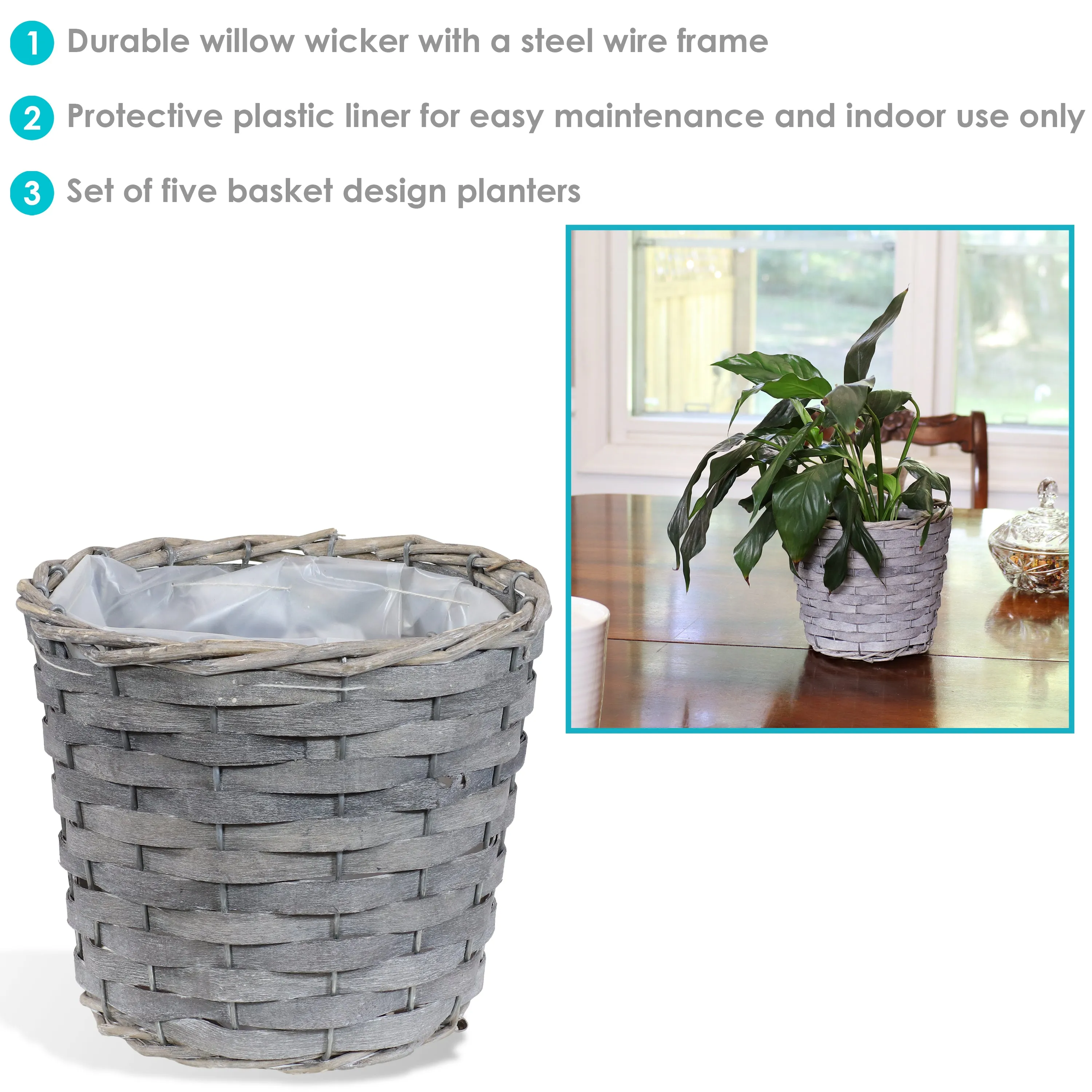 Sunnydaze Set of 5 Indoor Poplar Wicker Planters with Plastic Liners