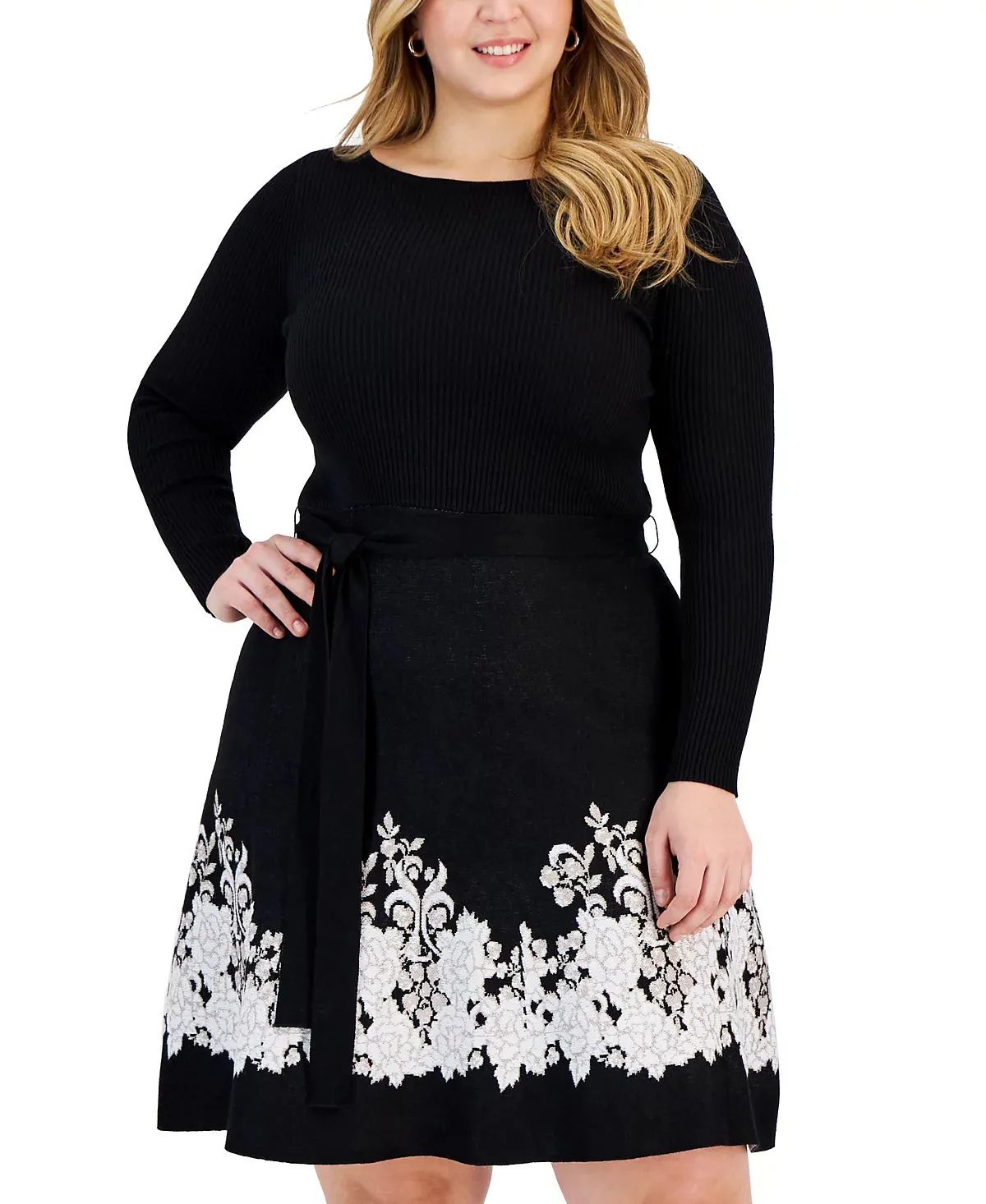 Taylor Plus Size Embroidered Tie-Waist Sweater Dress