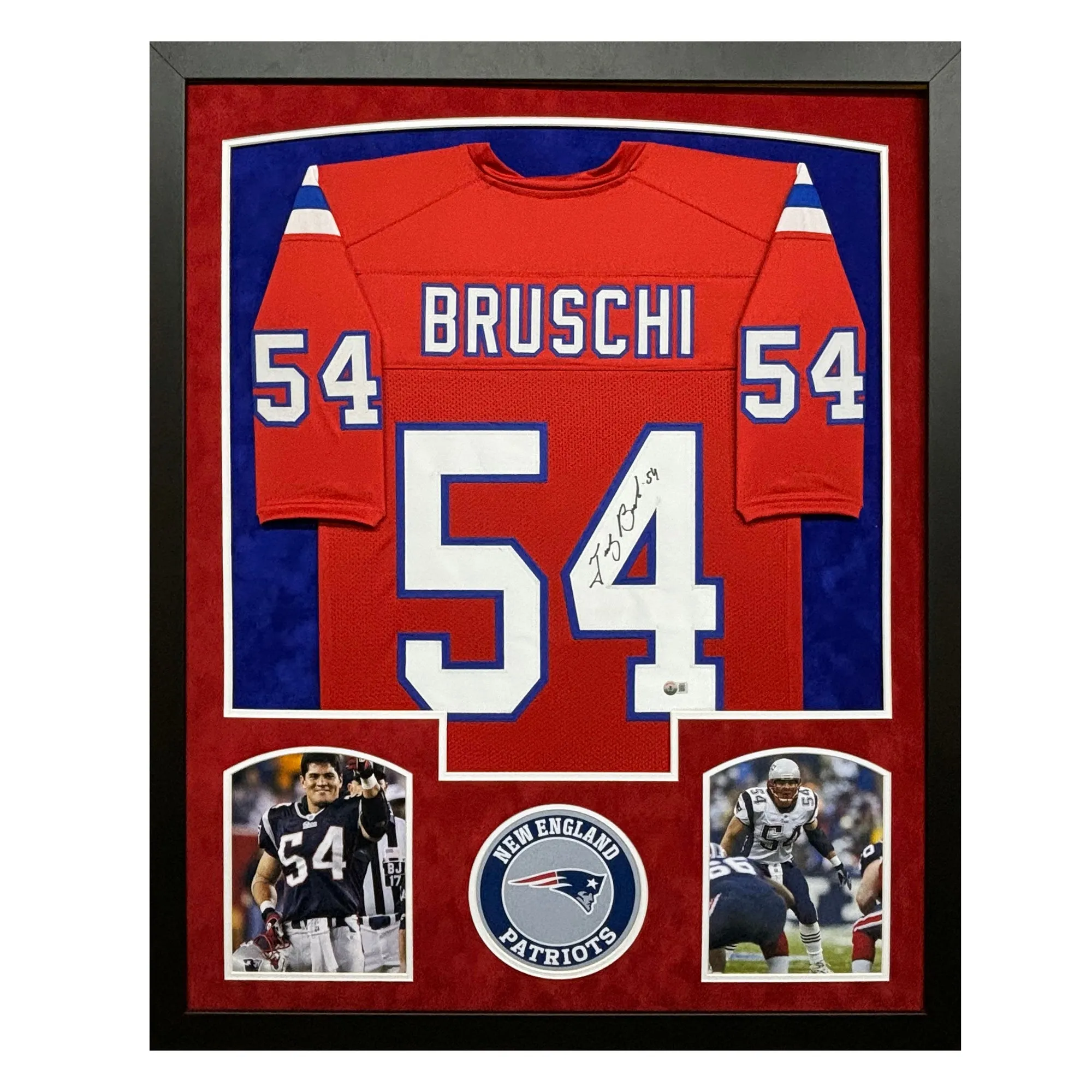 Teddy Bruschi Signed New England Red Custom Suede Matte Framed Football Jersey (Beckett)