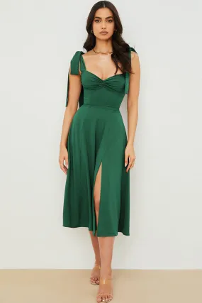 Tie Strap Fit & Flare High Slit Slip Midi Dress - Emerald Green