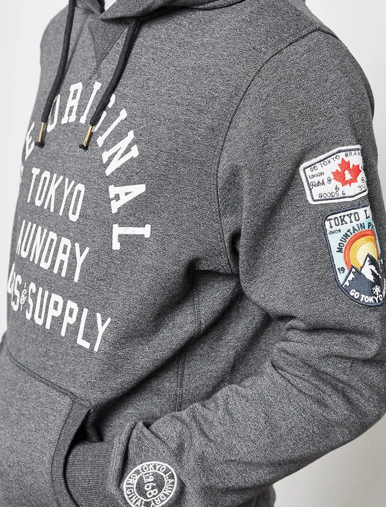 Timberfield Pullover Hoodie With Patches In Charcoal - Tokyo Laundry