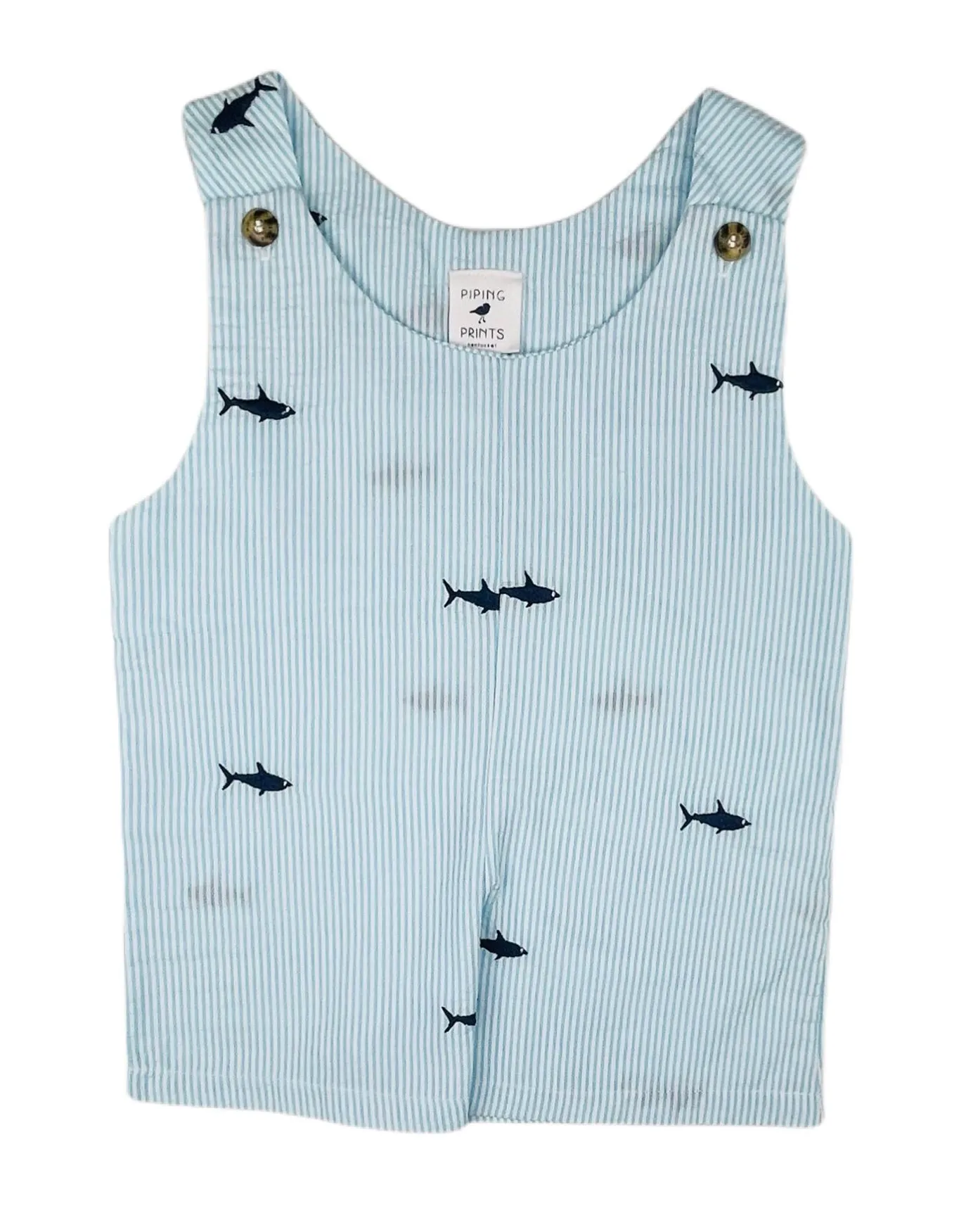 Turquoise Seersucker Baby Romper with Navy Embroidered Sharks