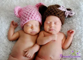 TWIN SET Newborn Teddy Bear Hats in Brown Pink