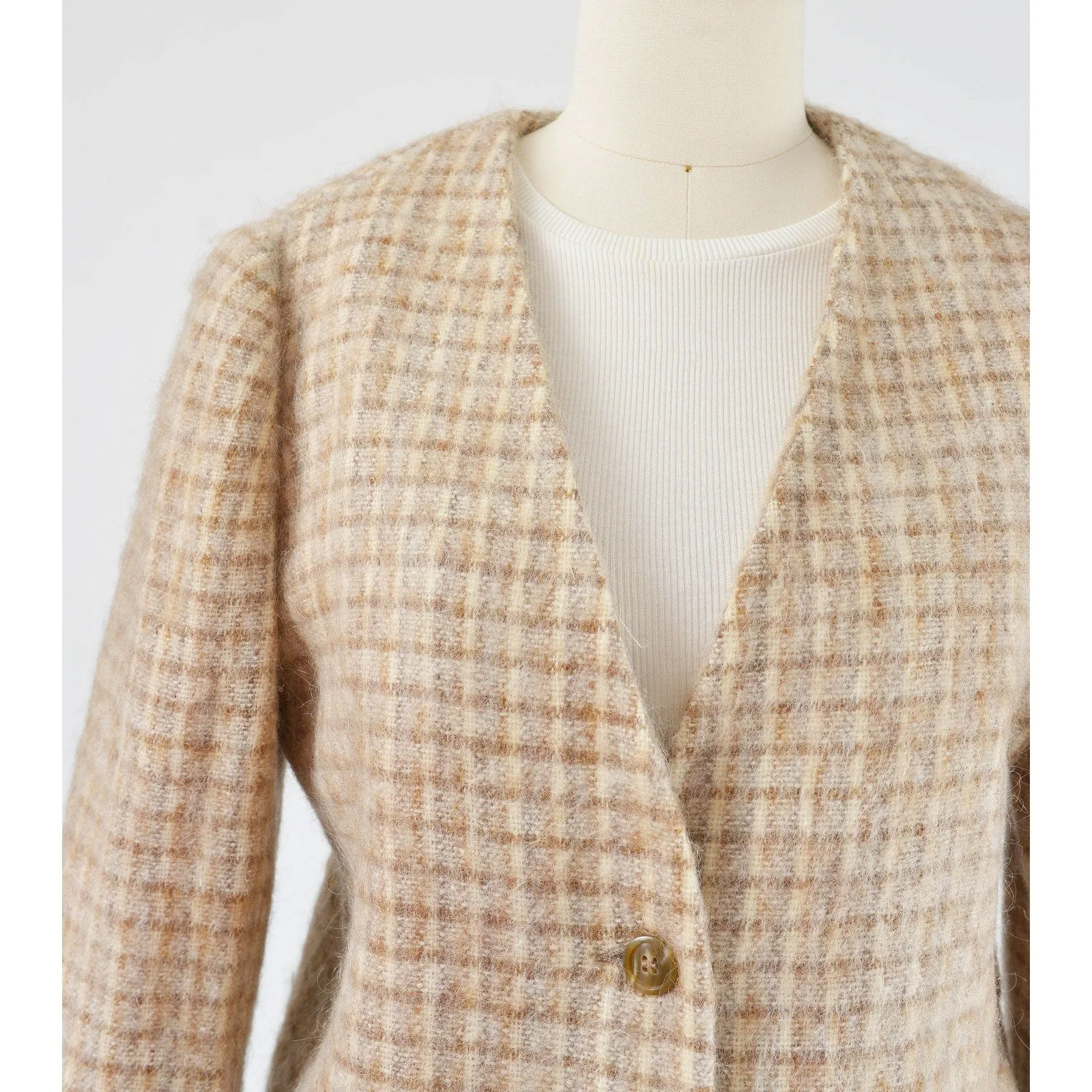 Vintage 80s Plaid Mohair Jacket Brown and Cream V Neck Button Down Wool size M