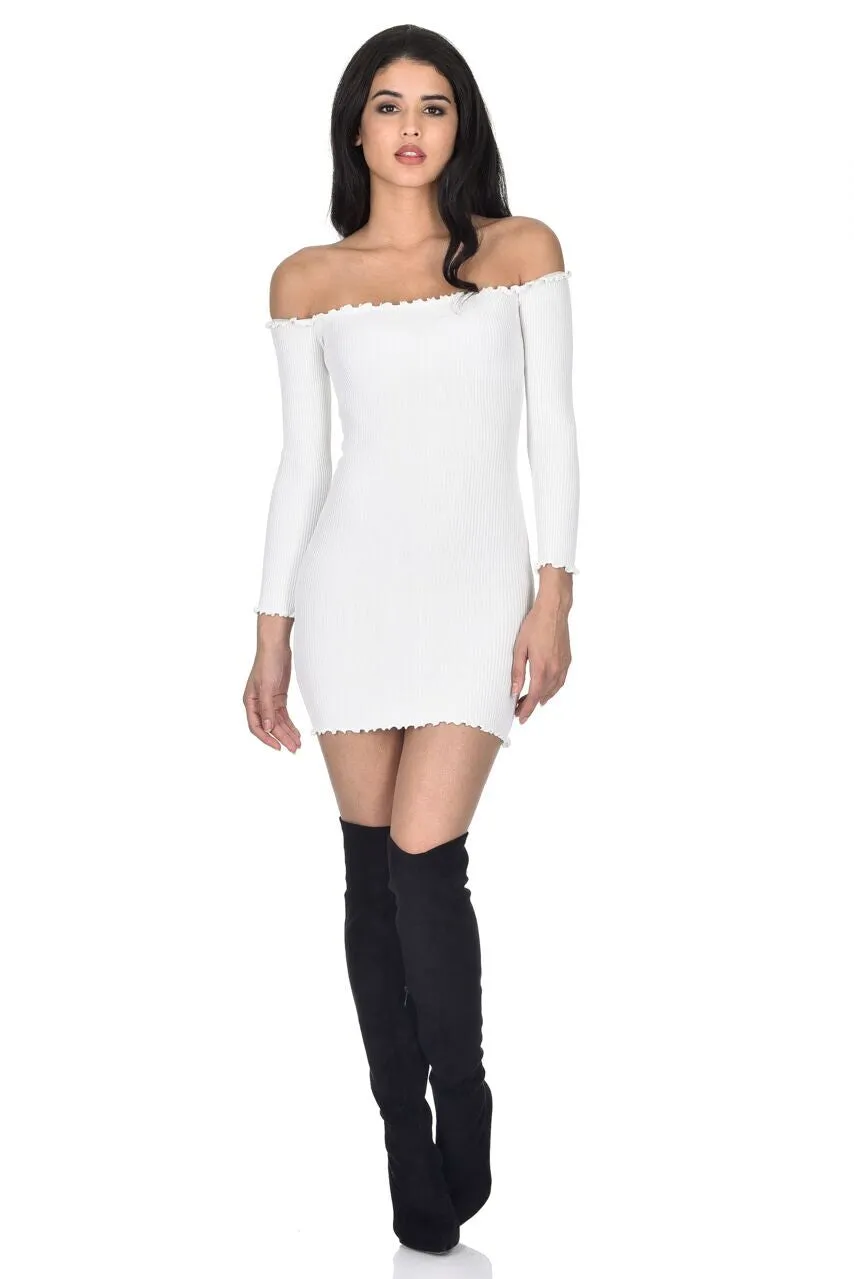 White Bardot Ruffle Detail Knit Dress