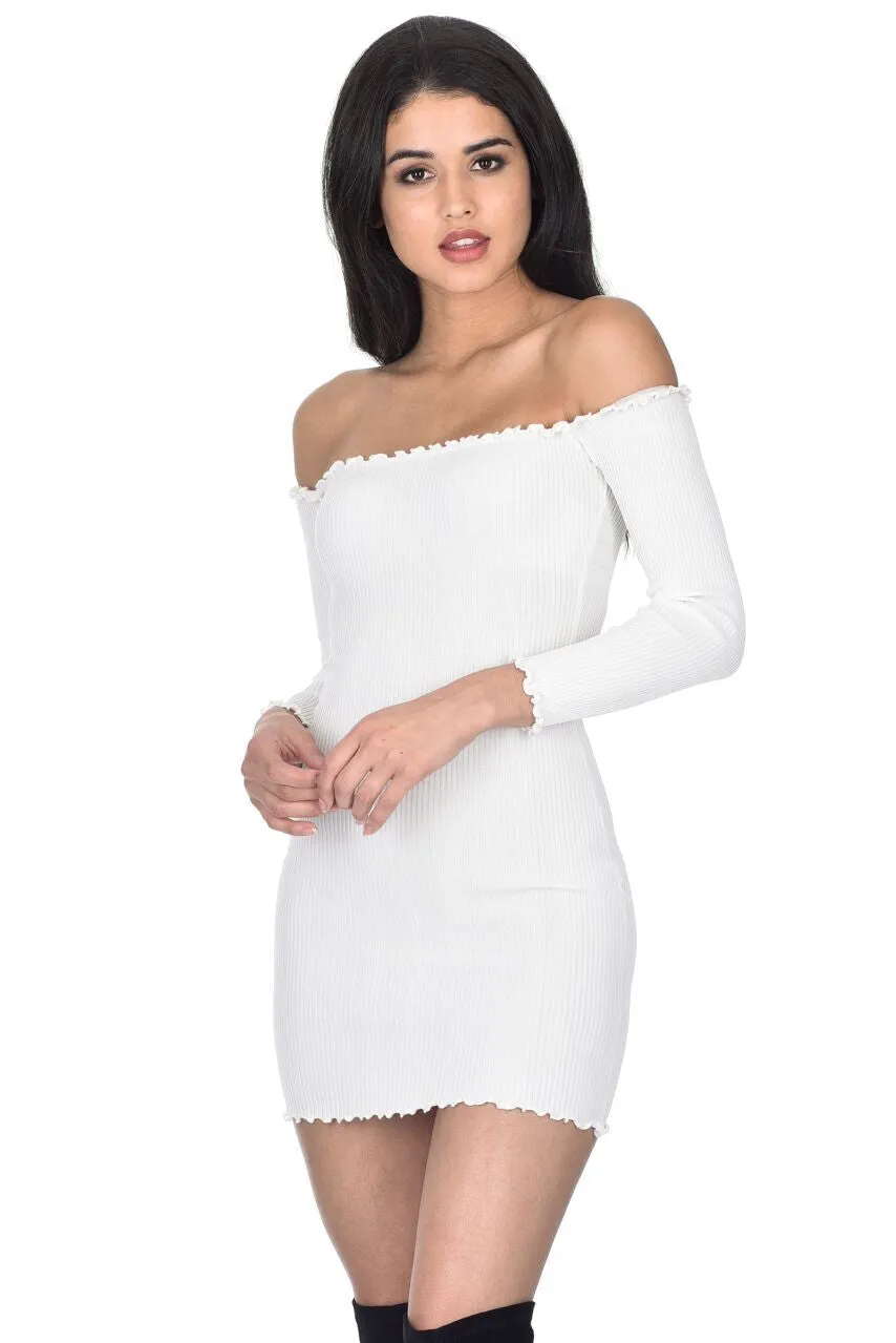 White Bardot Ruffle Detail Knit Dress