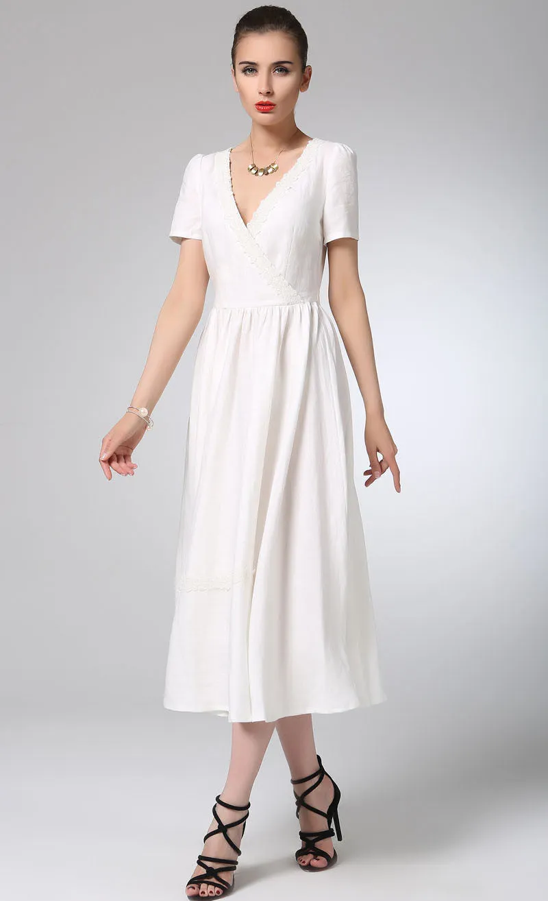 White linen dress prom dress maxi bridesmaid dress (1215)