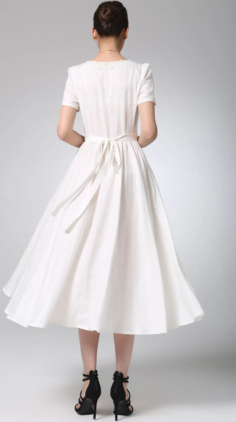 White linen dress prom dress maxi bridesmaid dress (1215)