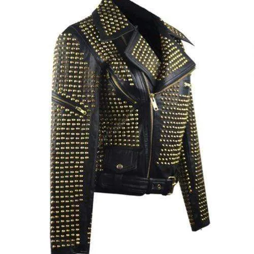 Woman Black Full Golden Studded Brando Style Punk Cowhide Leather Jacket