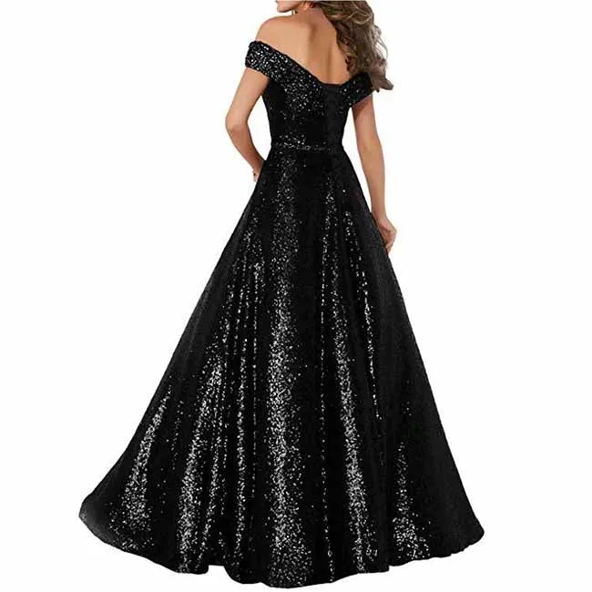 Women Sequin Prom Gowns Off Shoulder Wedding Dress Long Ball Dress