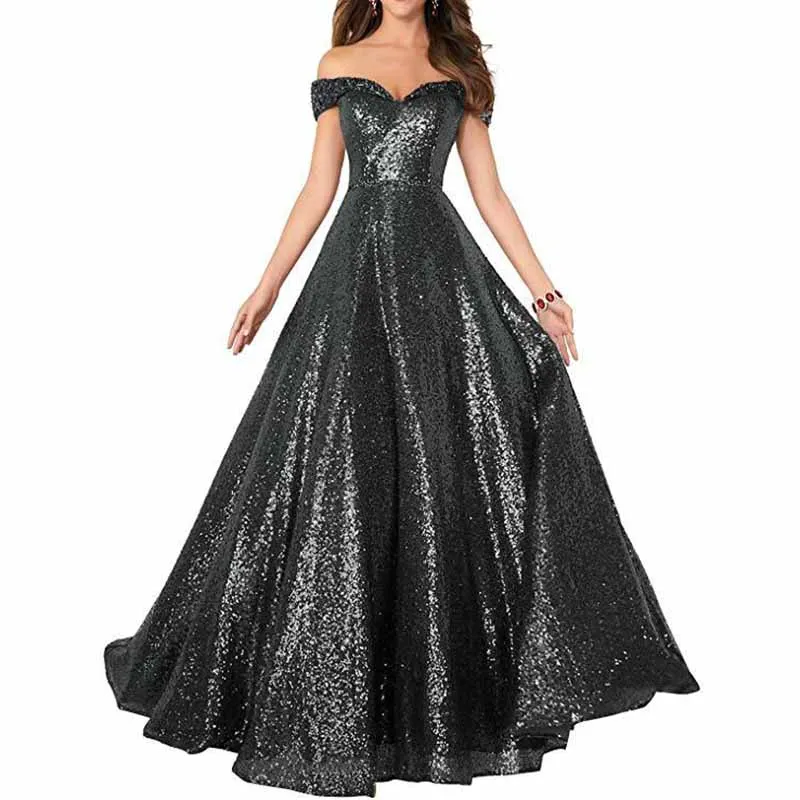 Women Sequin Prom Gowns Off Shoulder Wedding Dress Long Ball Dress