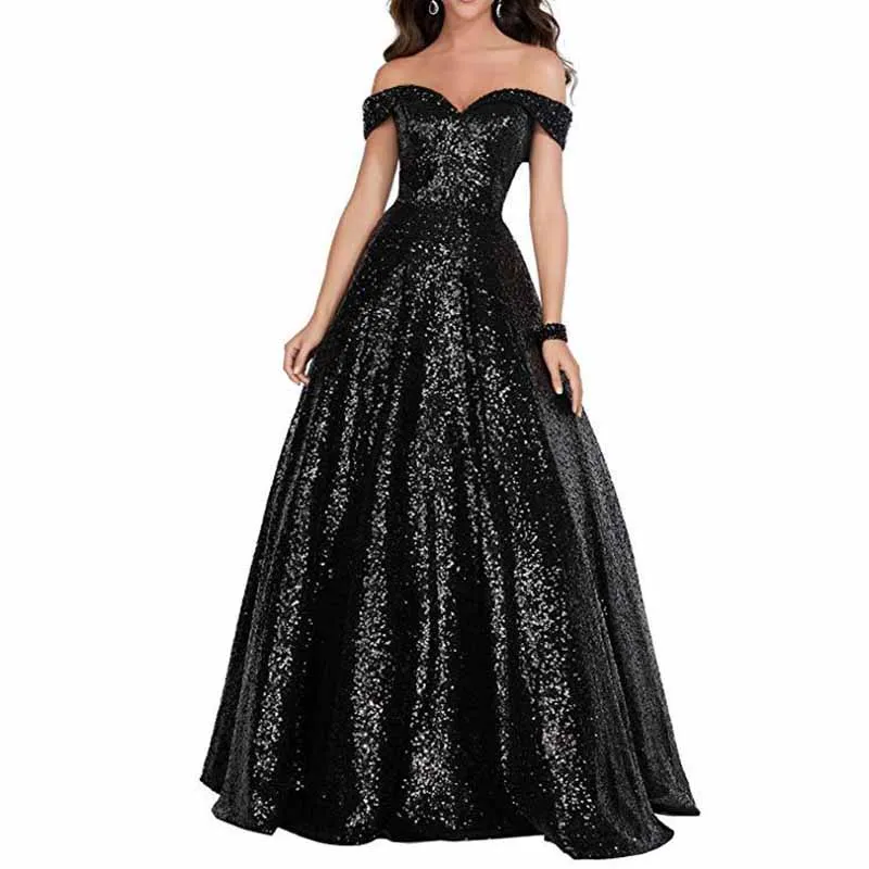 Women Sequin Prom Gowns Off Shoulder Wedding Dress Long Ball Dress