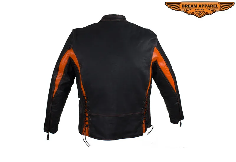 Women's Black and Orange Leather Racer Jacket With Laces