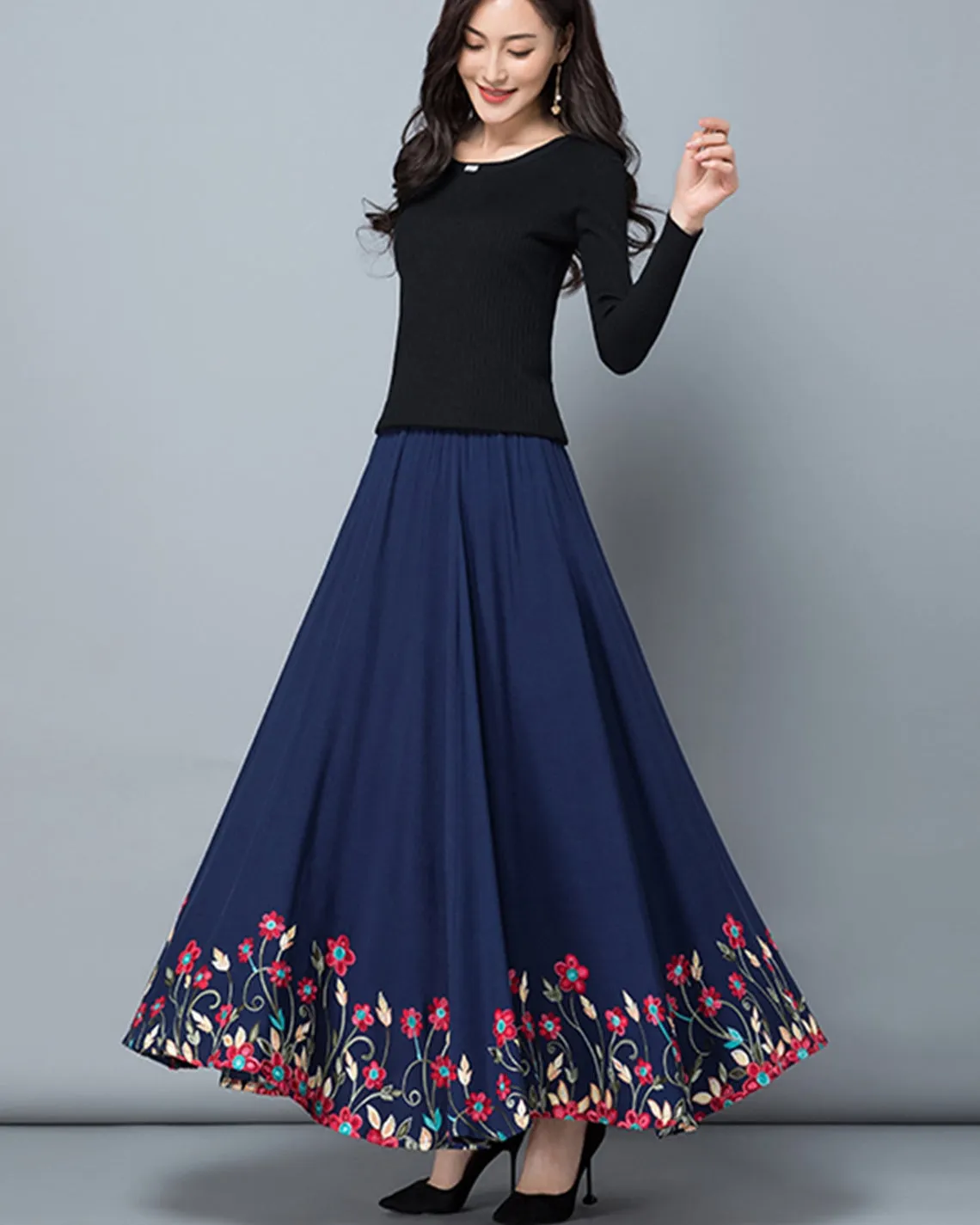 Women's maxi skirt, embroidered skirt, elastic waist skirt, flare skirt, cotton skirt, high waist skirt, long skirt, A-line skirt Q0056