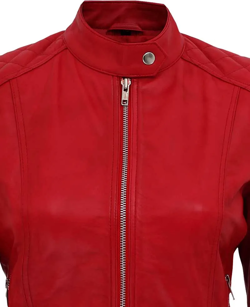 Women's Red Quilted Biker Leather Jacket