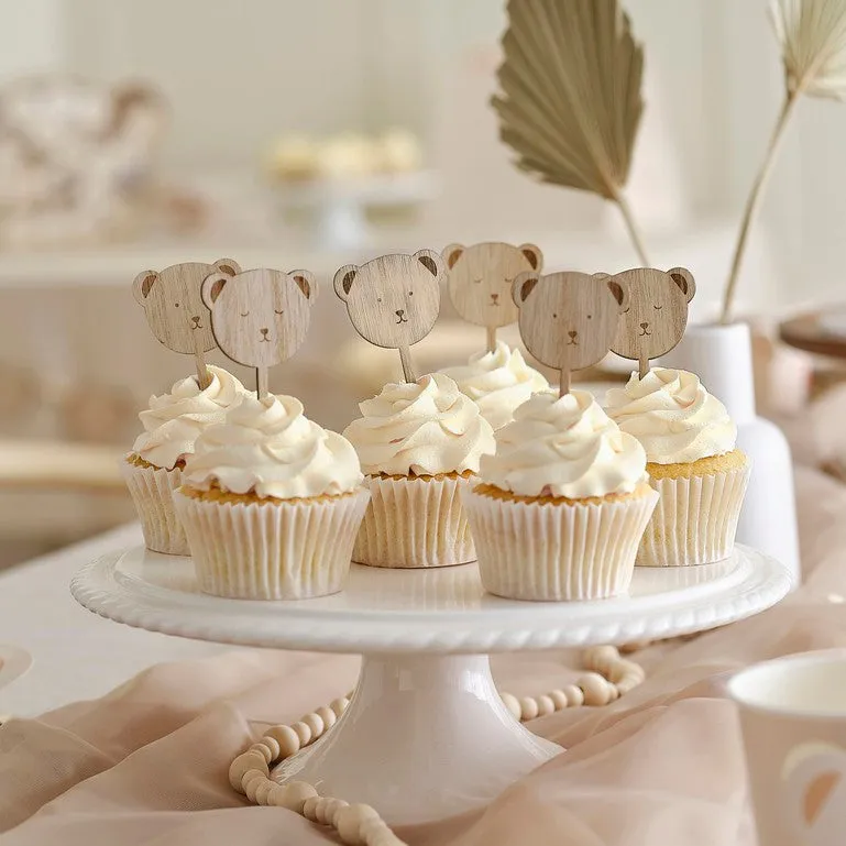 Wooden Teddy Bear Cupcake Toppers - Pack of 6