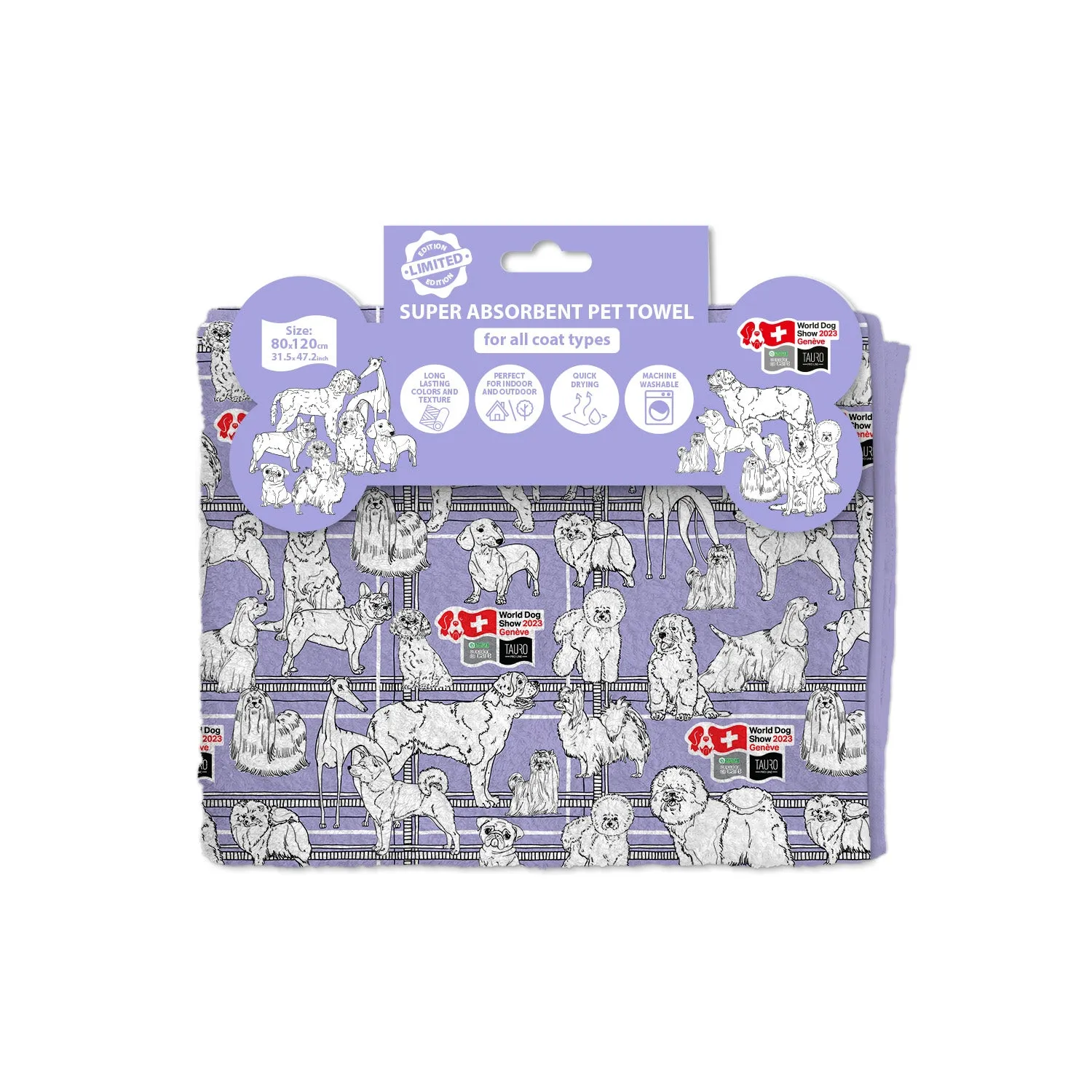 World Dog Show pet towel, purple, with puppies print